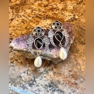 Chunky Silver Black Onyx Pearl Dangle Earrings